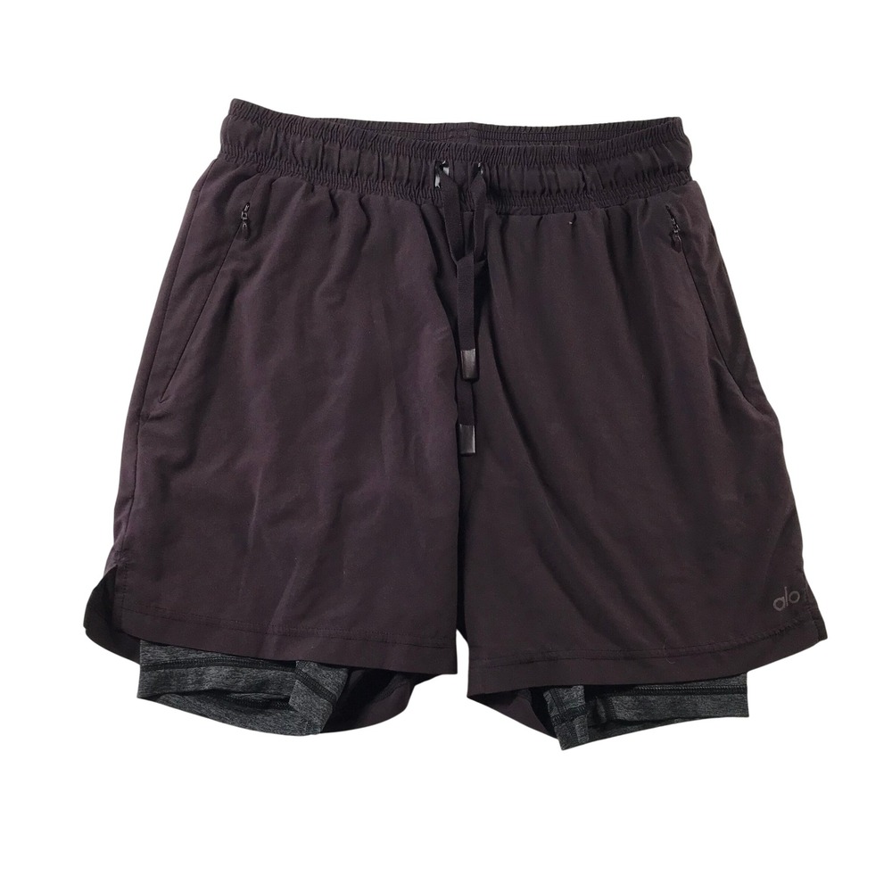 Alo Yoga Mens Stability 2-In-1 Shorts Plum Purple Zipper Pockets Medium